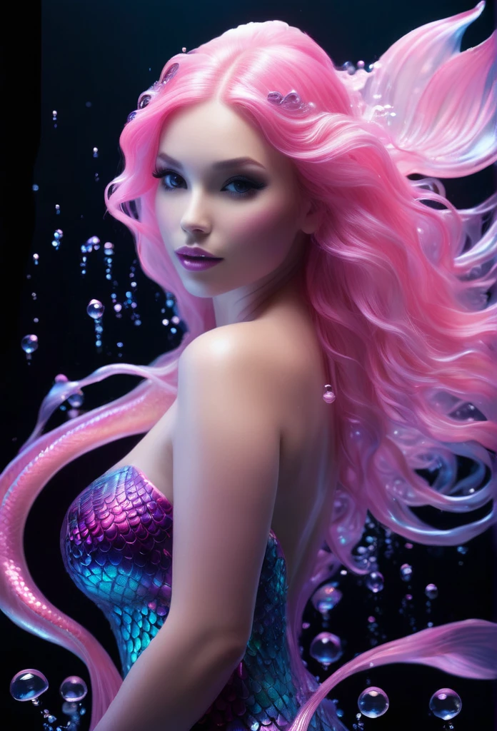 Beautiful big mermaid(fully body )bioluminescent light pink, floating,around you luminescent drops,Completely black background