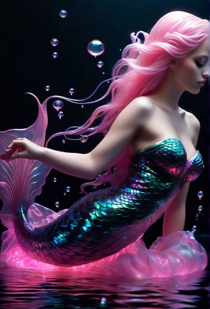 Beautiful big mermaid(fully body )bioluminescent light pink, floating,around you luminescent drops,Completely black background