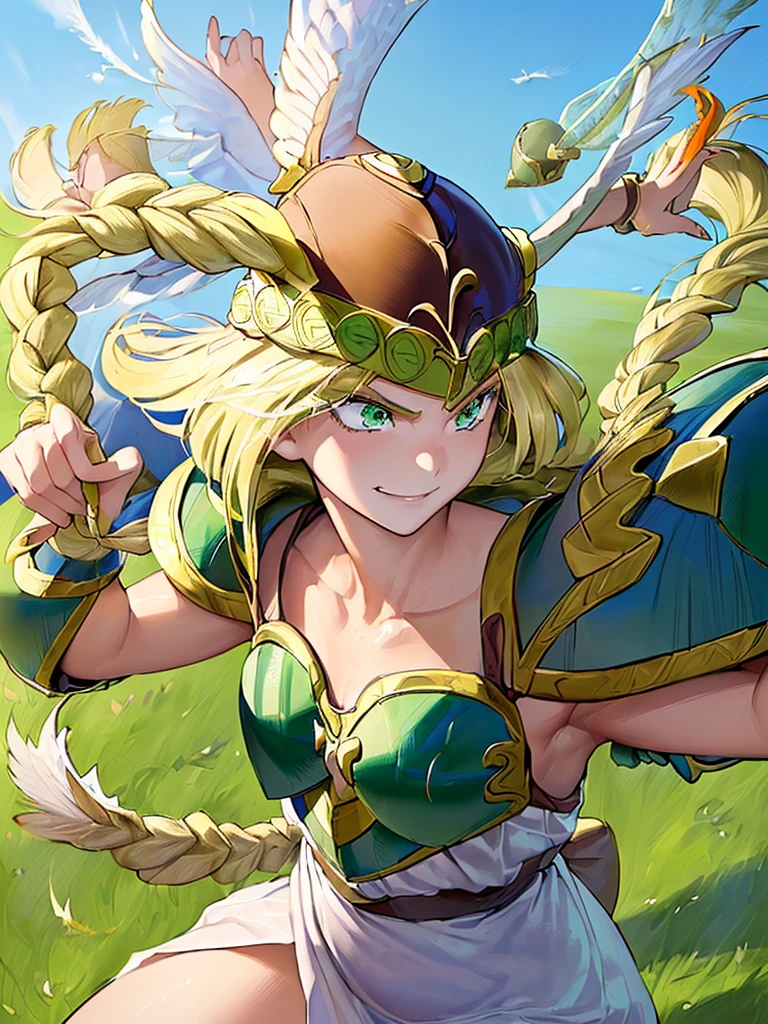 masterpiece,best quality, 1girl, 18yo, beautiful girl,BREAK,(Armor:1.8),(Helmet with wings:1.7),(Beautiful blonde,braid,Green Eyes:1.5),BREAK,(smirk,Troll, determined:1.3),BREAK, (blue sky:1.4),(She flies in the sky:1.5),(She descends from the sky:1.3),