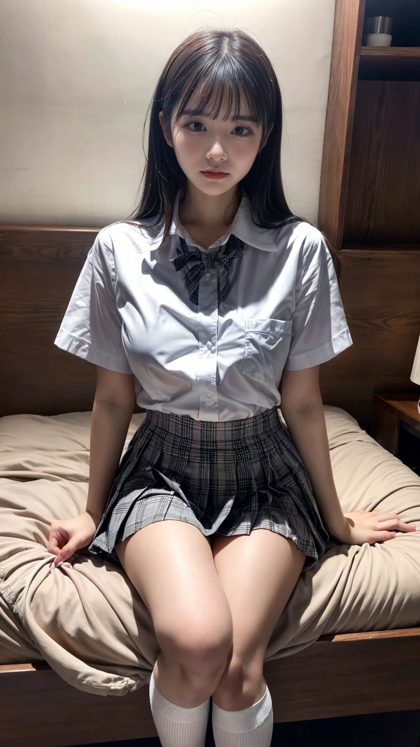 (8K, RAW Photos, Highest quality, masterpiece:1.2), (professional photography, full colors, studio-caliber color grading), (Gravure quality for high-end fashion magazines), BREAK,18 year old girl, (boyish:1.15), (mannish:1.1), Big Natural Color Lip, Plumpy body, (smooth skin:1.1), (huge breasts:1.0), BREAK (school uniform:1.2), ((loose style, tucked out tops):1.2), (fusion of oversized white tunic and white collared-shirt with untucked:1.4), (short sleeve:1.3), (button-up:1.4), (black and gray plaid pattern pleated mini skirt:1.2), (thigh skin:1.4), (socks:1.2), (loafers:1.1), BREAK hotel room