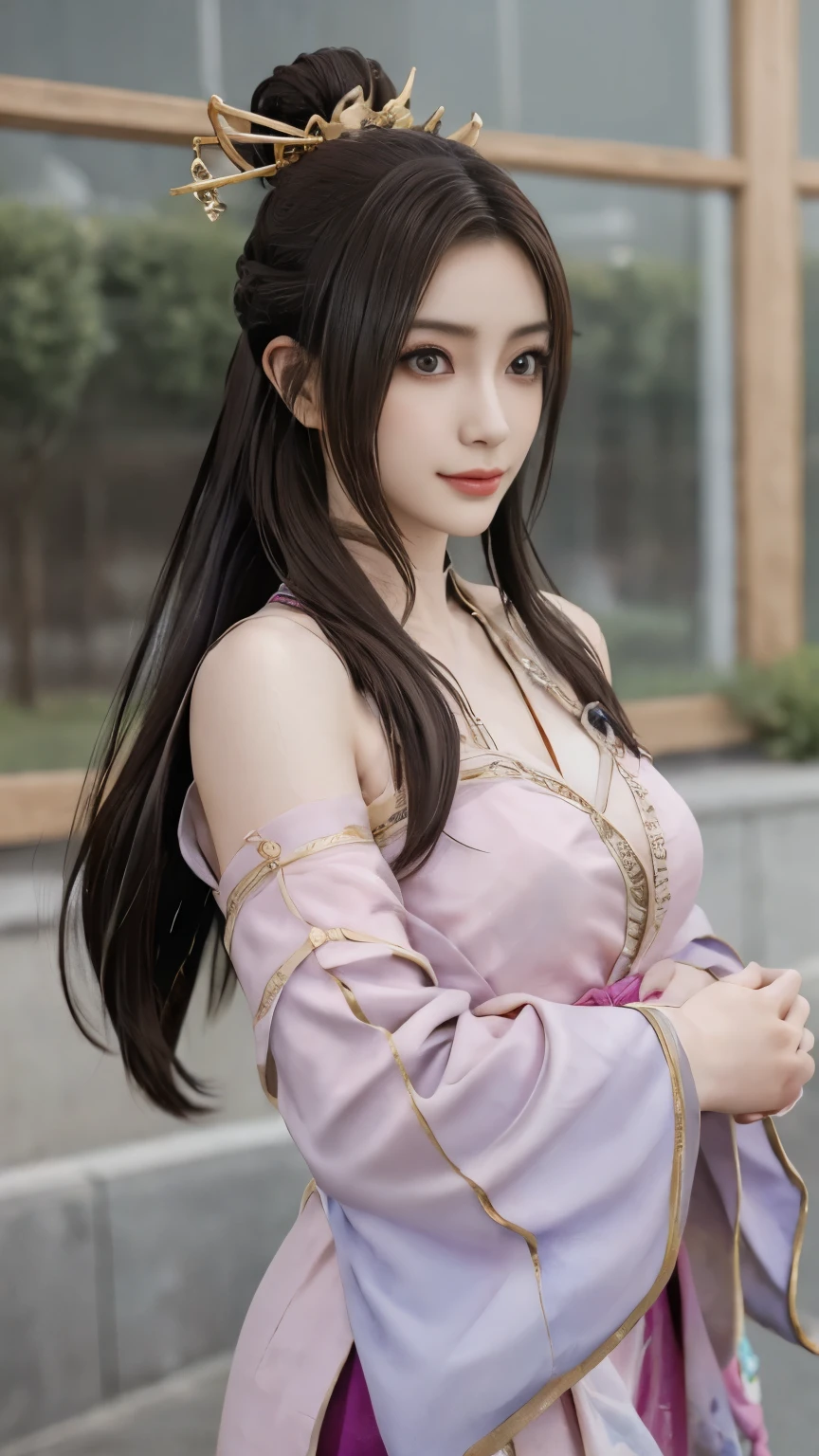 Diaochan from Sangoku Musou 8,Super realistic,hair ornaments,Perfect Diaochan costume,twin tailasterpiece、1 cute girl、17 year old high school student、smile,fine eyes、puffy eyes、bright outdoors,Bright downtown、highest quality, 超High resolution, (reality: 1.4), movie lighting、Japanese、asian beauty、Korean、super beautiful、beautiful skin、body facing forward、whole body,Upper body、(超reality的な)、(High resolution)、(8k)、(very detailed)、(美しくfine eyes)、(Super detailed)、 (wall-)、detailed face、bright lighting、professional lighting、looking at the viewer、look straight ahead、slanted bangs、brown hair、Nogizaka Idol、