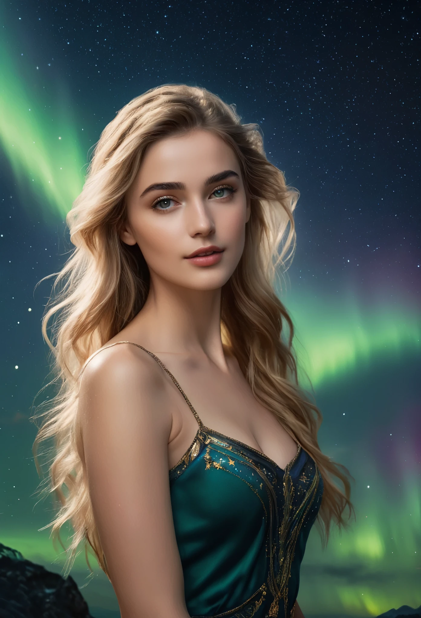 (best quality,4k,8k,highres,masterpiece:1.2), ultra-detailed, (realistic,photorealistic,photo-realistic:1.37),(Numerous award-winning masterpieces, incredibly detailed and textured, maximal resolution and clarity), (Hyper-realistic:1.4)a beautiful girl in the foreground, (She is half French, and is a stunning beauty with detailed eyes and a high nose:1.1), thick eyebrows, detailed facial features, long graceful neck, flowing locks of hair, poised and elegant posture, dreamy atmosphere, Surrealism, mystical aura, Charlie Bowater, 19th-century France, seductive, (detailed landscape of asgard in the background, aurora shining in the sky:1.6), (starry night sky with constellations:1.5), highly detailed, 8k, ultra-detailed, photorealistic, masterpiece, (natural lighting:1.4)