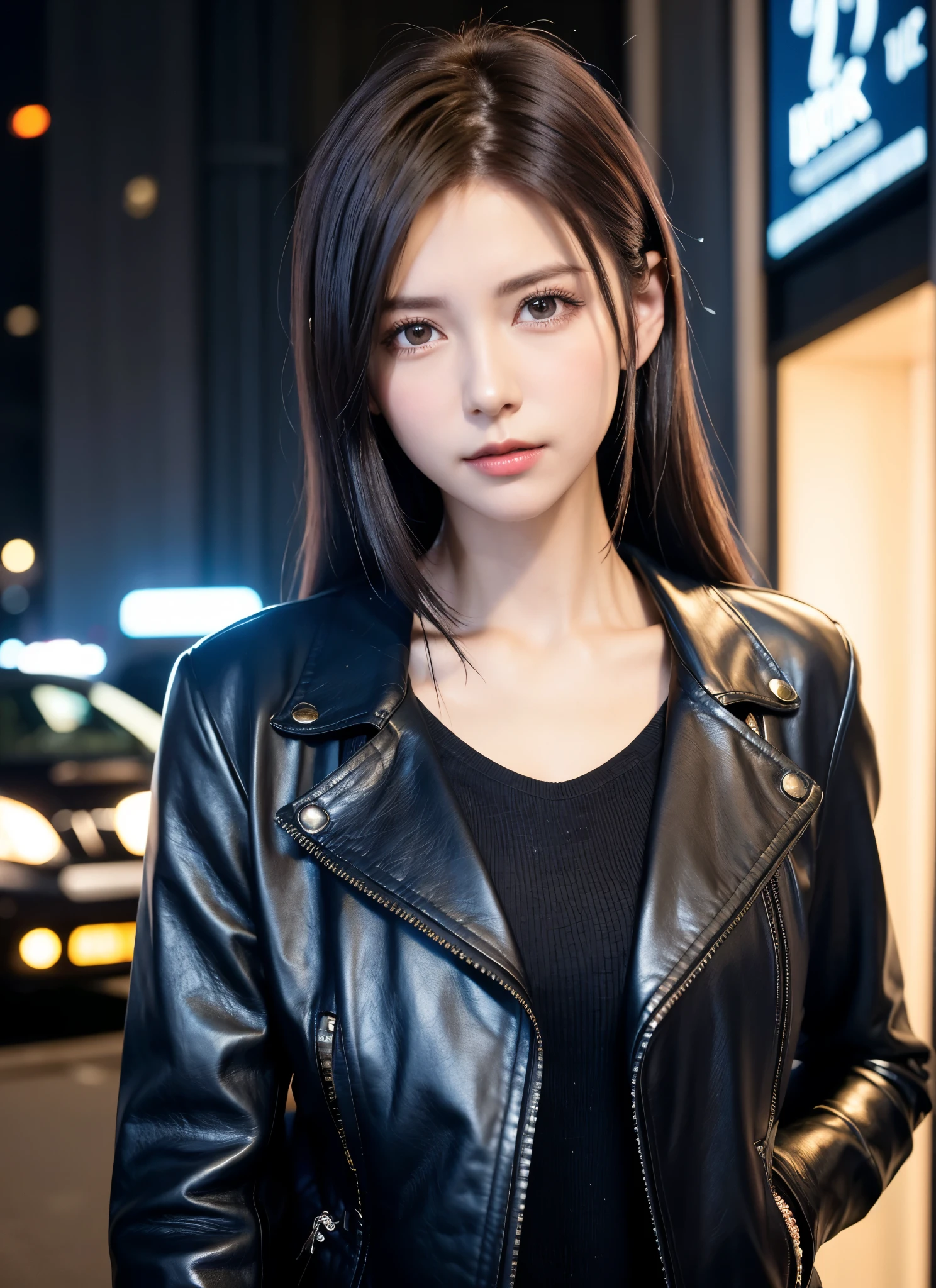 Portrait of Nuttorp as a beautiful female model, Georgia Fowler, Beautiful face, with short dark brown hair, in cyberpunk city at night. She is wearing a leather jacket, Black jeans, Dramatic Lighting, (police badge:1.2)