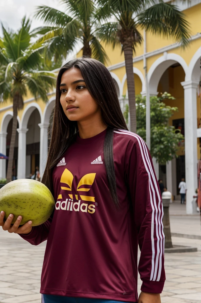 A girl with long back hair wearing the Adidas 2024 vinotinto shirt, in the plaza the mangoes of San Cristóbal