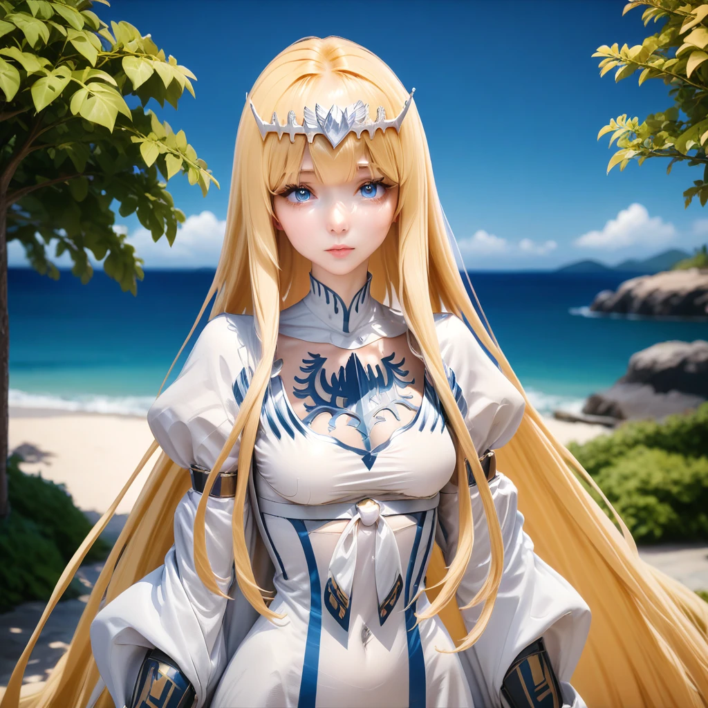 , upper body, wide shot, looking at viewer, outdoor, masterpiece, best quality, very aesthetic,1girl,solo, calca, blonde hair, ,( extremely long hair:1.3), very long hair, extra long hair, white tiara, white dress, blue eyes,Calca Bessarez, medium breast,Calca