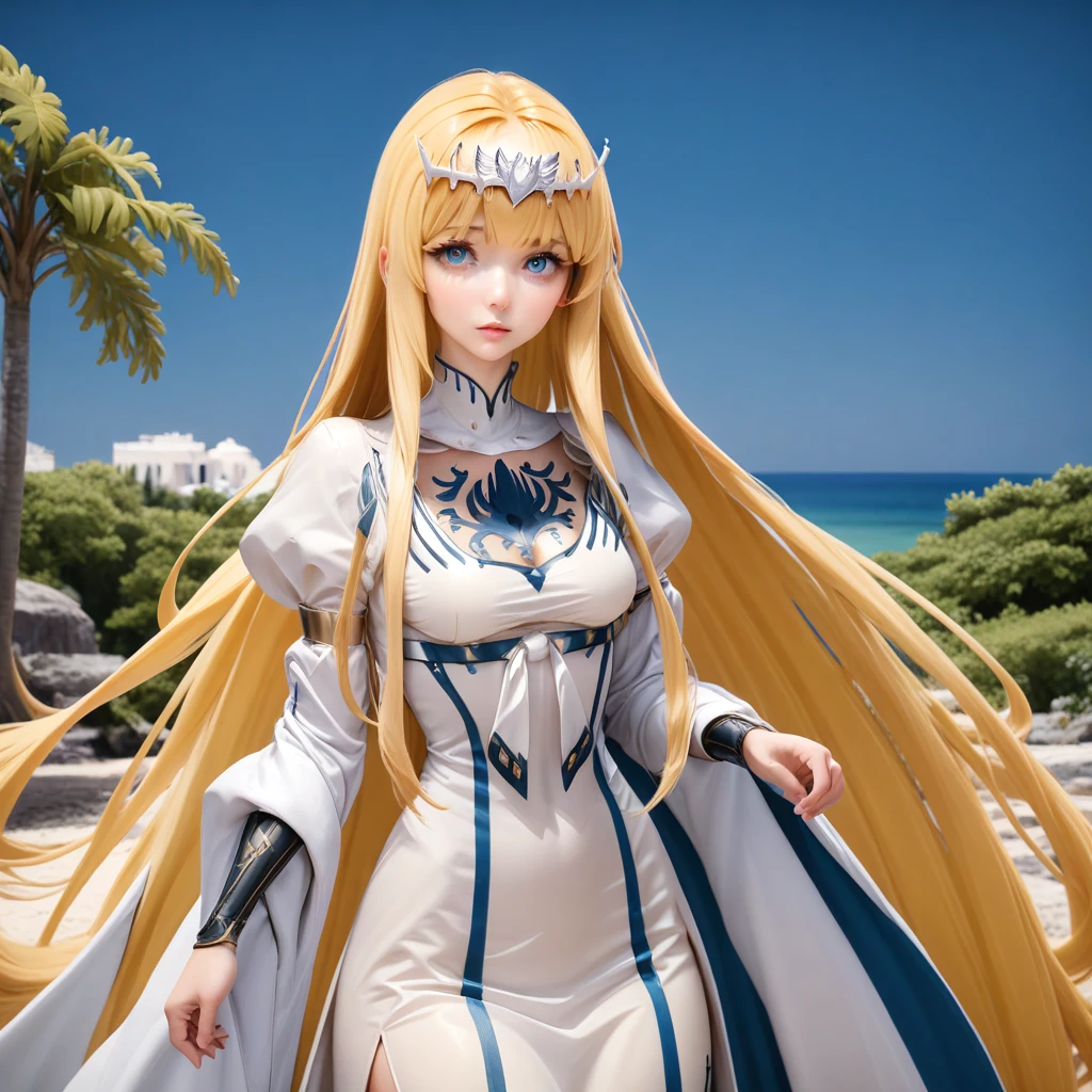 , upper body, wide shot, looking at viewer, outdoor, masterpiece, best quality, very aesthetic,1girl,solo, calca, blonde hair, ,( extremely long hair:1.3), very long hair, extra long hair, white tiara, white dress, blue eyes,Calca Bessarez, medium breast,Calca