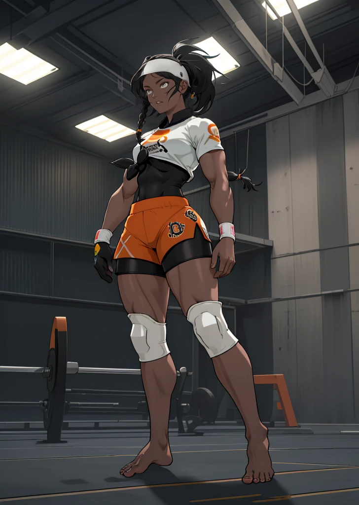 [Bea], [Pokemon], ((masterpiece)), ((high quality)), ((HD)), ((detailed shading)), ((beautiful solo portrait)), ((full body)), ((back view)), ((anime)), {attractive woman, (dark skin, long black hair braided ponytails hair, (beautiful light-grey eyes), (thicc thighs), (gorgeous hips), (beautiful muscular legs), (beautiful feet), (defined muscles), (expressionless)}, {(short-sleeve shirt), (bodysuit under clothes), (print shorts), (single glove), (headband), (white knee pads), (barefoot)}, {(standing), (arms at sides), (looking ahead)}, [background; (gym), (ceiling lights), (ambient lighting)] electric energy around her body, static build up, sparks and aura, oower up