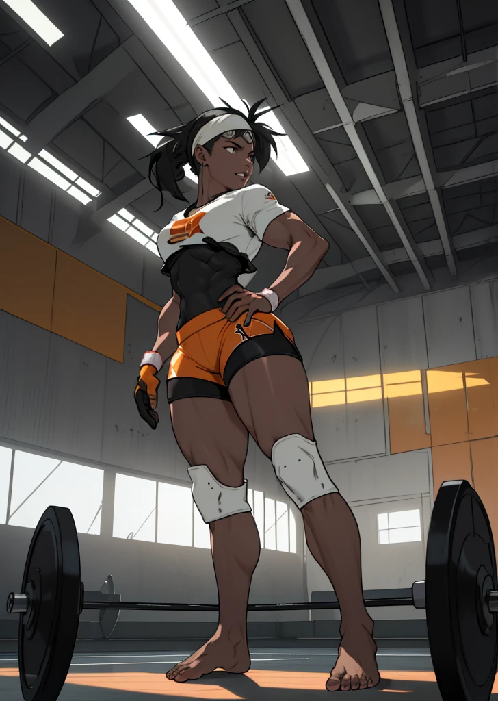 [Bea], [Pokemon], ((masterpiece)), ((high quality)), ((HD)), ((detailed shading)), ((beautiful solo portrait)), ((full body)), ((back view)), ((anime)), {attractive woman, (dark skin, long black hair braided ponytails hair, (beautiful light-grey eyes), (thicc thighs), (gorgeous hips), (beautiful muscular legs), (beautiful feet), (defined muscles), (expressionless)}, {(short-sleeve shirt), (bodysuit under clothes), (print shorts), (single glove), (headband), (white knee pads), (barefoot)}, {(standing), (arms at sides), (looking ahead)}, [background; (gym), (ceiling lights), (ambient lighting)] electric energy around her body, static build up, sparks and aura, oower up