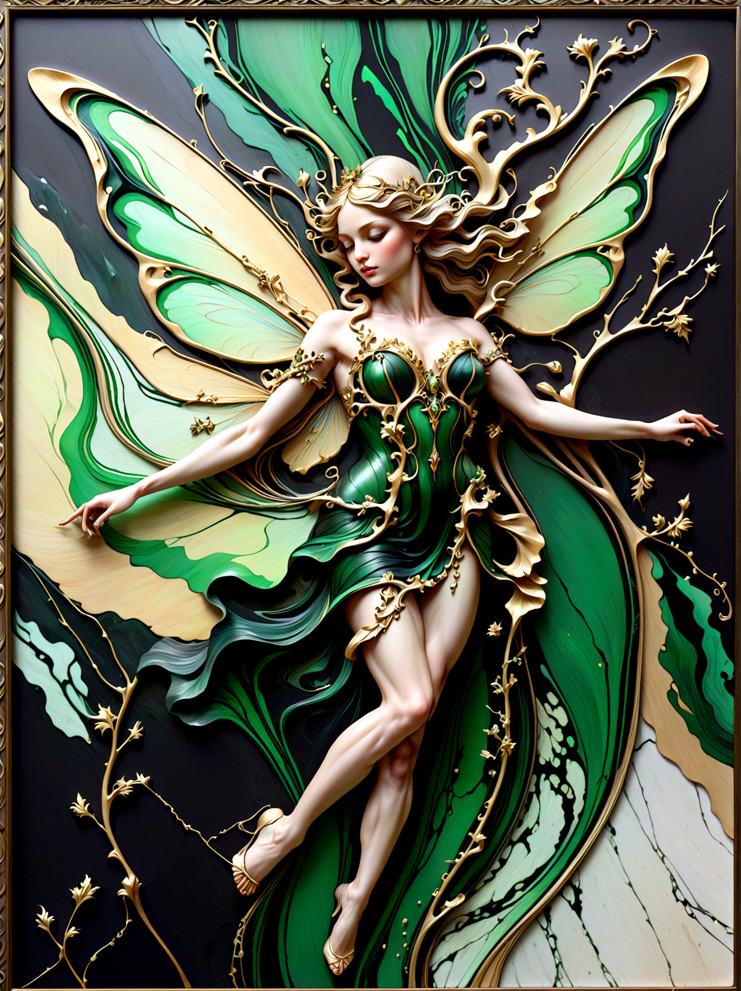 a beautiful illustration of a beautiful fairy made from an abstract marble texture, with colors of black, green and gold, highly detailed, intricate design, marble material, BY Anne Bachelier,