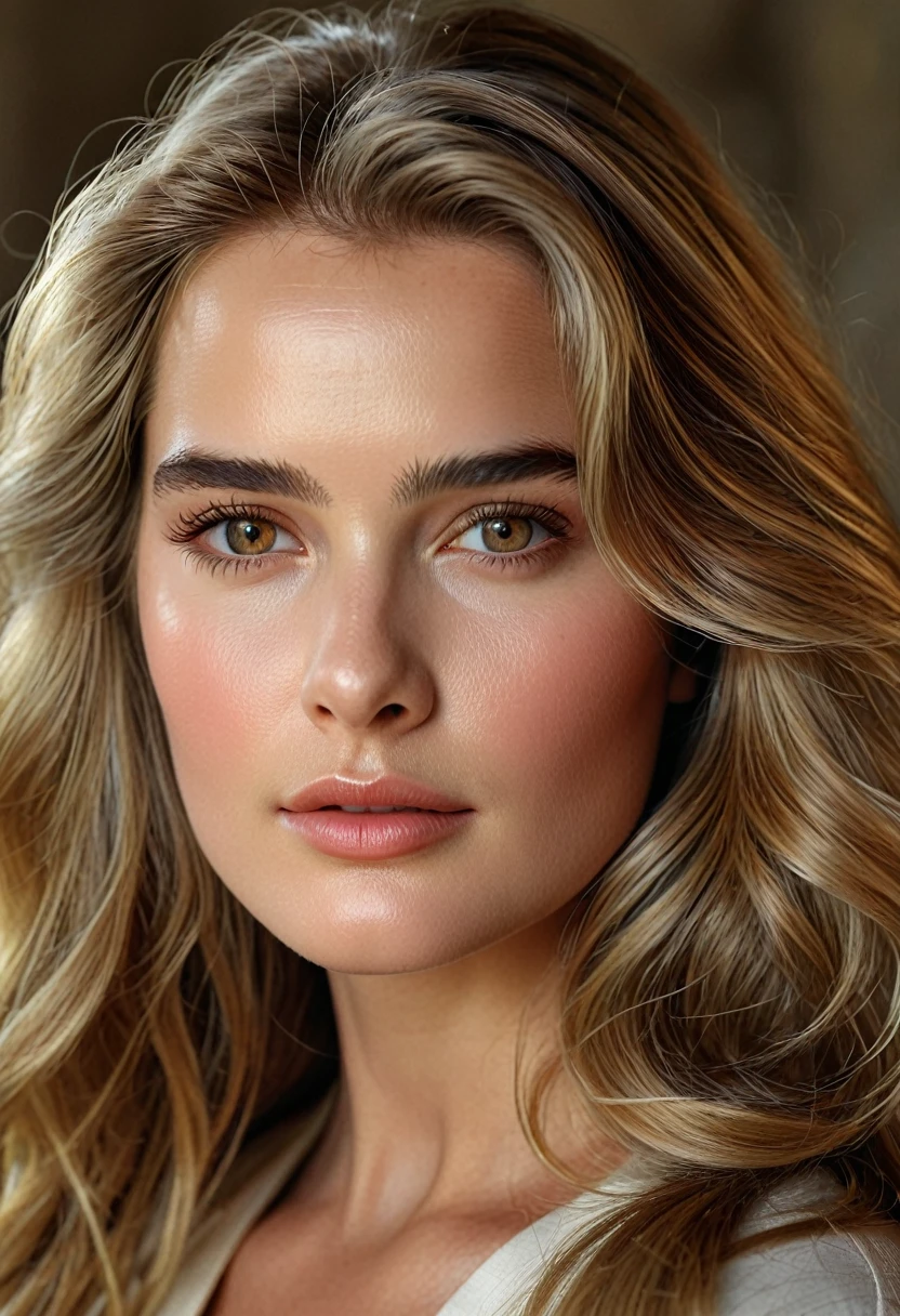 (perfect details), (extremely fine and beautiful:1.1), beautiful face, Beautiful light brown eyes, (detailed face, detailed eyes:1.2), realistic skin textures, detailed full lips, very pale skin, long shiny blonde hair, (Add layer:1.2), dynamic angle, landscape mm, dramatic lighting, volumetric lighting, golden hour, Masterpiece, better, quality, -yeld yo exotic, High Definition. realist, 8k, Hyperrealistic details,girl is similar to hollywood actress brooke shields von 12 years of dds