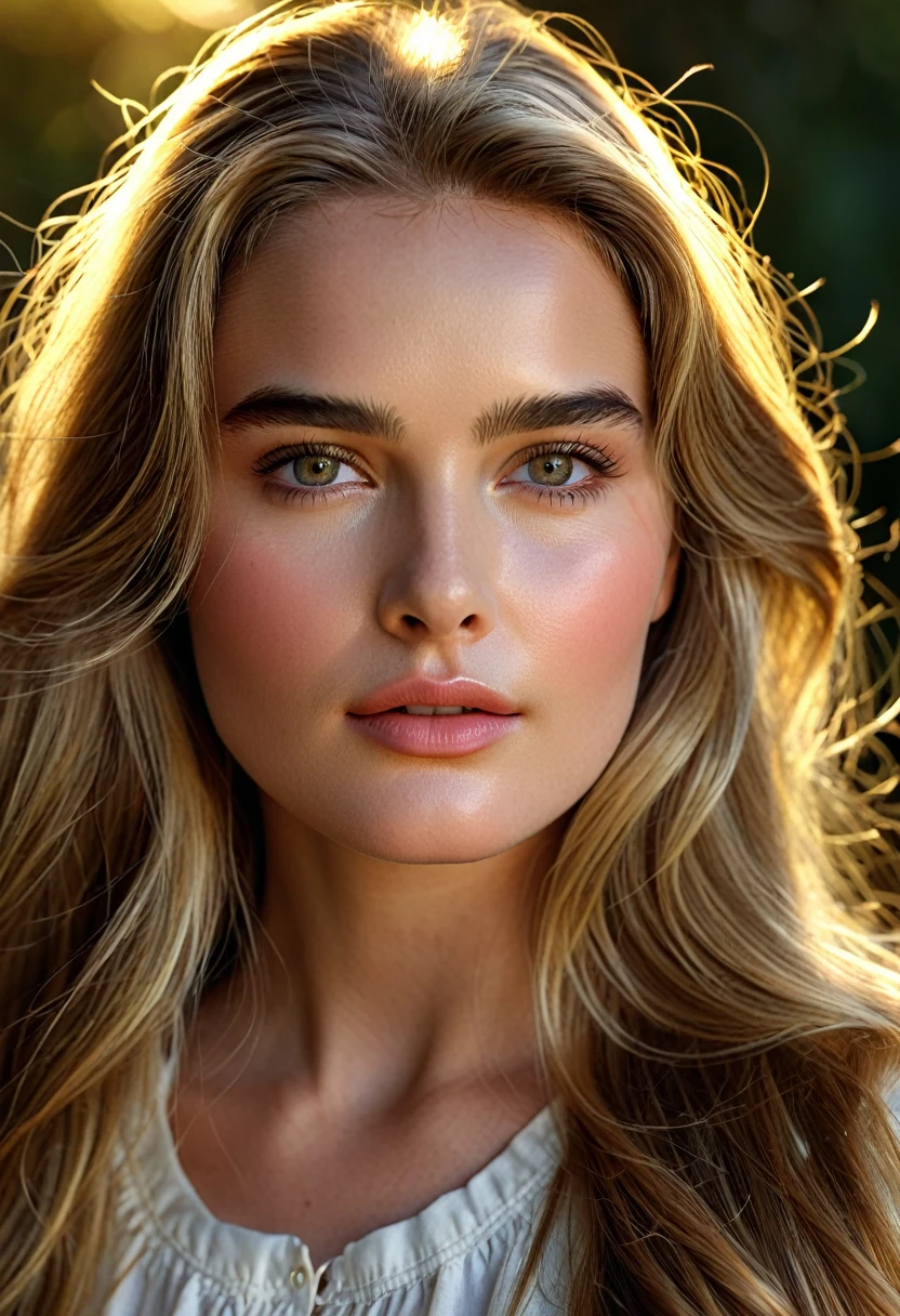 (perfect details), (extremely fine and beautiful:1.1), beautiful face, Beautiful light brown eyes, (detailed face, detailed eyes:1.2), realistic skin textures, detailed full lips, very pale skin, long shiny blonde hair, (Add layer:1.2), dynamic angle, landscape mm, dramatic lighting, volumetric lighting, golden hour, Masterpiece, better, quality, 12-year-old young girl, exotic, High Definition. realist, 8k, Hyperrealistic details,girl is similar to hollywood actress brooke shields von 12 years of ddsd