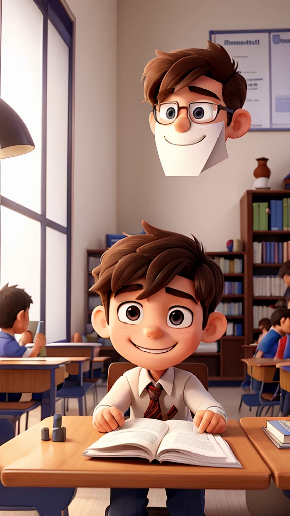 a student boy, in the school library, he finds a sheet of paper on the table and reads it. He looks happy, but with a malevolent air.