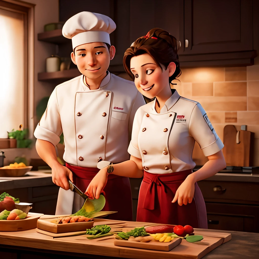 ((best qualityer)), , (detailded), a couple of chefs in a romantic pose preparing dinner
