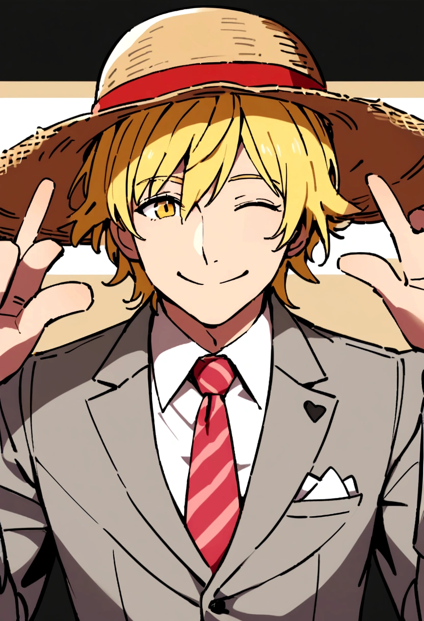 I want you to make a man in a gray suit and pink tie with a white shirt short straight yellow hair with a straw hat on his head and a red band in the middle of the hat smiling with one eye closed