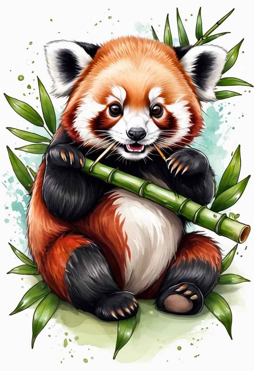 Little panda, Red panda, Tattoo sketch, eats bamboo