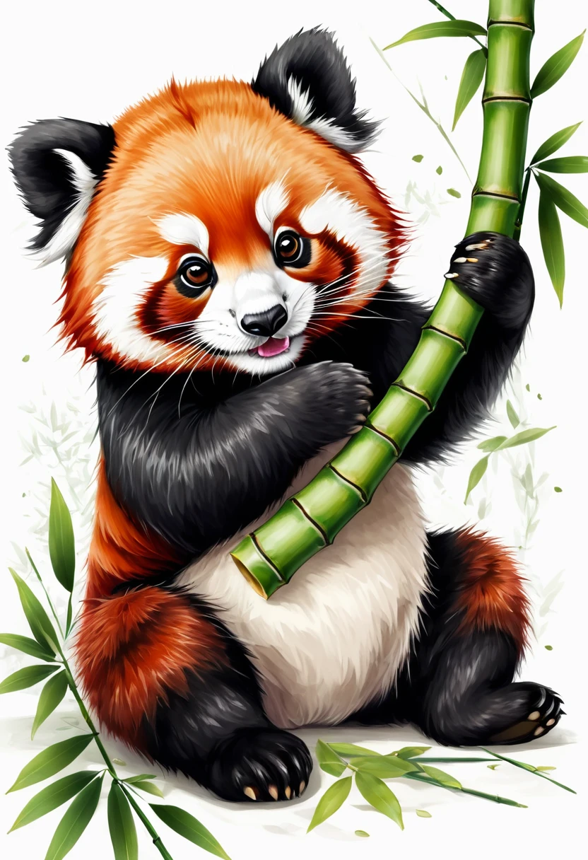 Little panda, Red panda, Tattoo sketch, eats bamboo