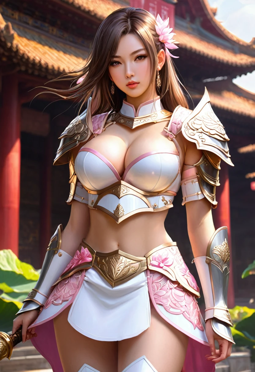 a sexy woman in a pink and white gold lotus lace armor skirt, chengwei pot at art station, 由杨J, detailed fantasy art, Stunning character art, fanart best art station, epic and exquisite character art, beautiful armor, 极其详细的Artgerm, detailed anime digital art, artgerm no artstation pixiv, girl in armor, cleavage big breasts:1.2, (mini-skirt:1,5)