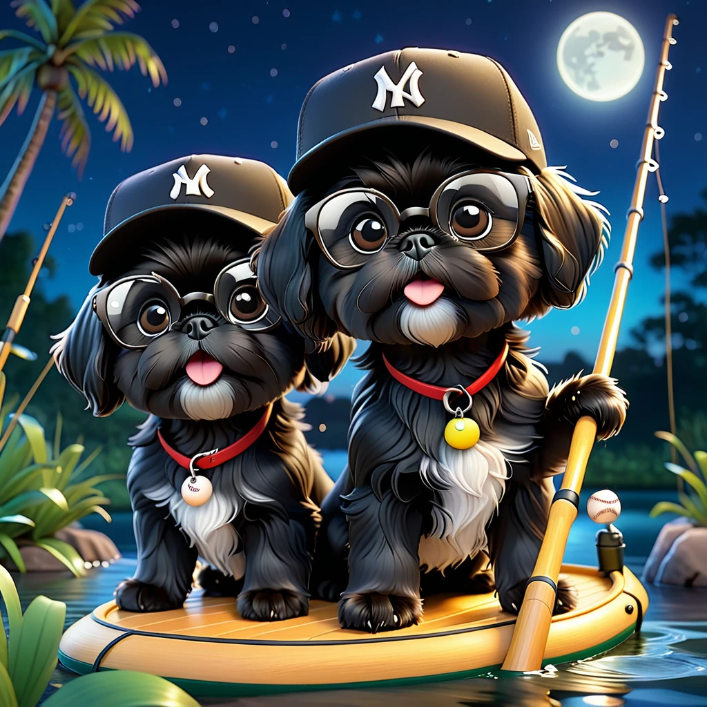 2 Adorable small black Shih Tzu puppies wearing baseball cap and glasses fishing at night Disney background 3d cartoon 3d render disney pixar style