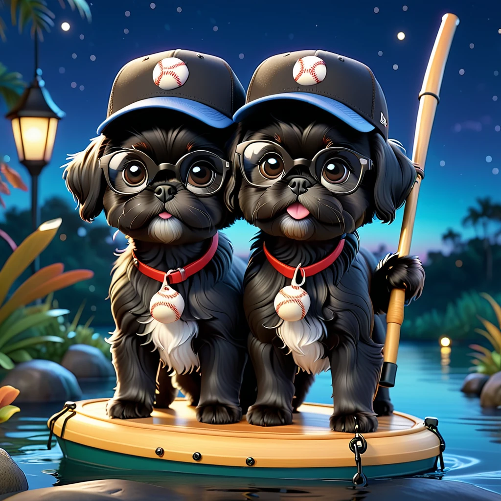 2 Adorable small black Shih Tzu puppies wearing baseball cap and glasses fishing at night Disney background 3d cartoon 3d render disney pixar style