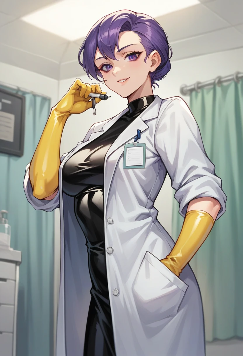 1girl, ((yellow elbow gloves)), ((surgical gloves)), ((latex gloves)), ((long sleeves)) ((purple surgeon outfit)), looking at viewer, ((doctor)), standing, solo