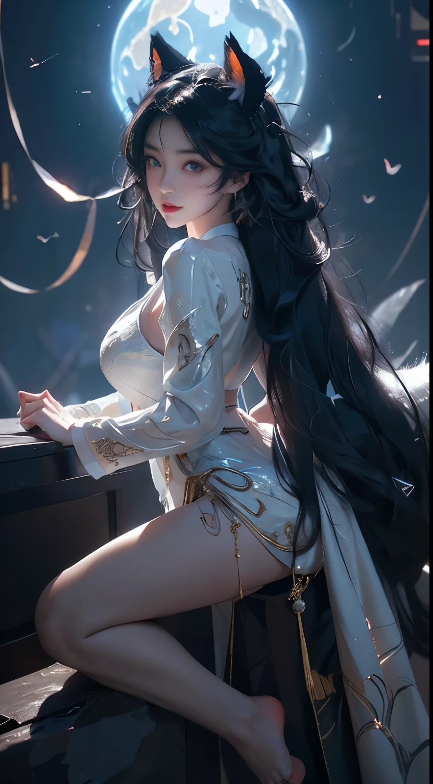 Ahri_Cosplay, White Tails, Black long hair, yellow eyes, ((knee shot)), 8k, masterpiece, original photo, best quality, detail:1.2), ((Shot at random angles)), lifelike, Extremely detailed CG unified 8k wallpapers, depth of field, movie light, lens flare, Ray tracing, (extremely beautiful face, beautiful lips, beautiful eyes), intricate detail face, ((ultra detailed skin)) 1 girl, in the darkness, deep shadow, beautiful korean girl, kpop idol,(Very slim figure:1.3), plump breasts, (bright smile), (City night, (neon lights), (night), beautiful korean girl, white diamond earrings, diameter bracelet, Dia Necklace, clear eyes, Walk, (big eyes), right hand, anatomically correct, white hair