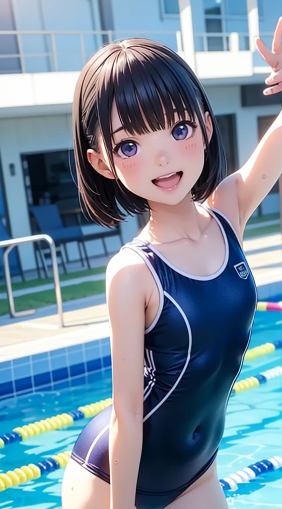 One woman、3d anime、kawaii、ar old、Lustrous hair、Bob Hair、Random Poses、Random attire、Being at sea、wearing a swimming wear、Wearing a school swimsuit、Laughing、Getting into the school pool、Swimming Lessons、