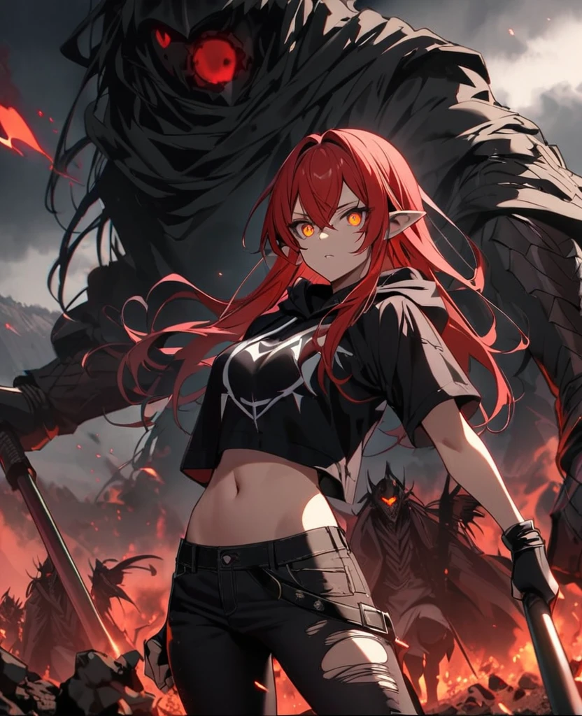 (Male,5'4,pierced pointy ears,light skin,red eyes, white ombre long hair half up half down,black albow length fingerless gloves,ripped red short sleeve cropped hoodie,black tight shirt,ripped black jeans) and (Female,red hair,orange eyes,curvy) both walking darl magic,on a battlefield with darkness in their eyes dark magic,on a battlefield with darkness in his eyes as they approach their enemies
