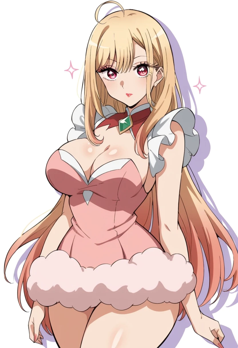 (anime art style:0.1), 2d, masterpiece, best quality, (very aesthetic:1.5), absurdres, dynamic shadows, atmosferic, (kitagawa marin), (1girl), ((blonde hair)), bob cut, long hair, (red eyes), sparkle eyes, detailed eyes, eyelashes, ahoge, hair between eyes, bangs, medium breasts, cleavage, makeup, lipstick, (curvy body), magical girl, pink dress, fluffy dress, ((cowboy shot)), looking at viewer, standing, (from front), (white background), simple background