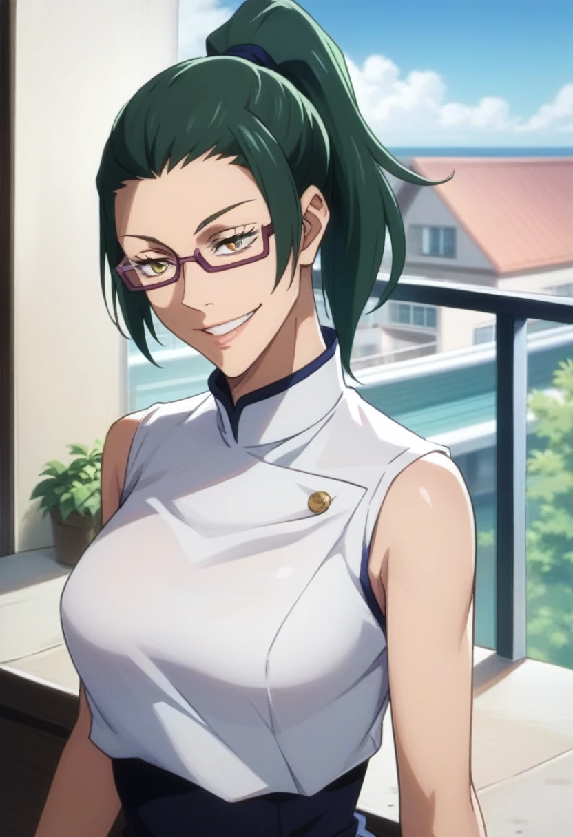 score_9, score_8_up, score_7_up, score_6_up, h1m3n0, 1girl, , mature female, Maki Zenin , green ponytail hair, glasses, yellow eyes, jujutsu uniform, naughty smile, balcony, seductive pose