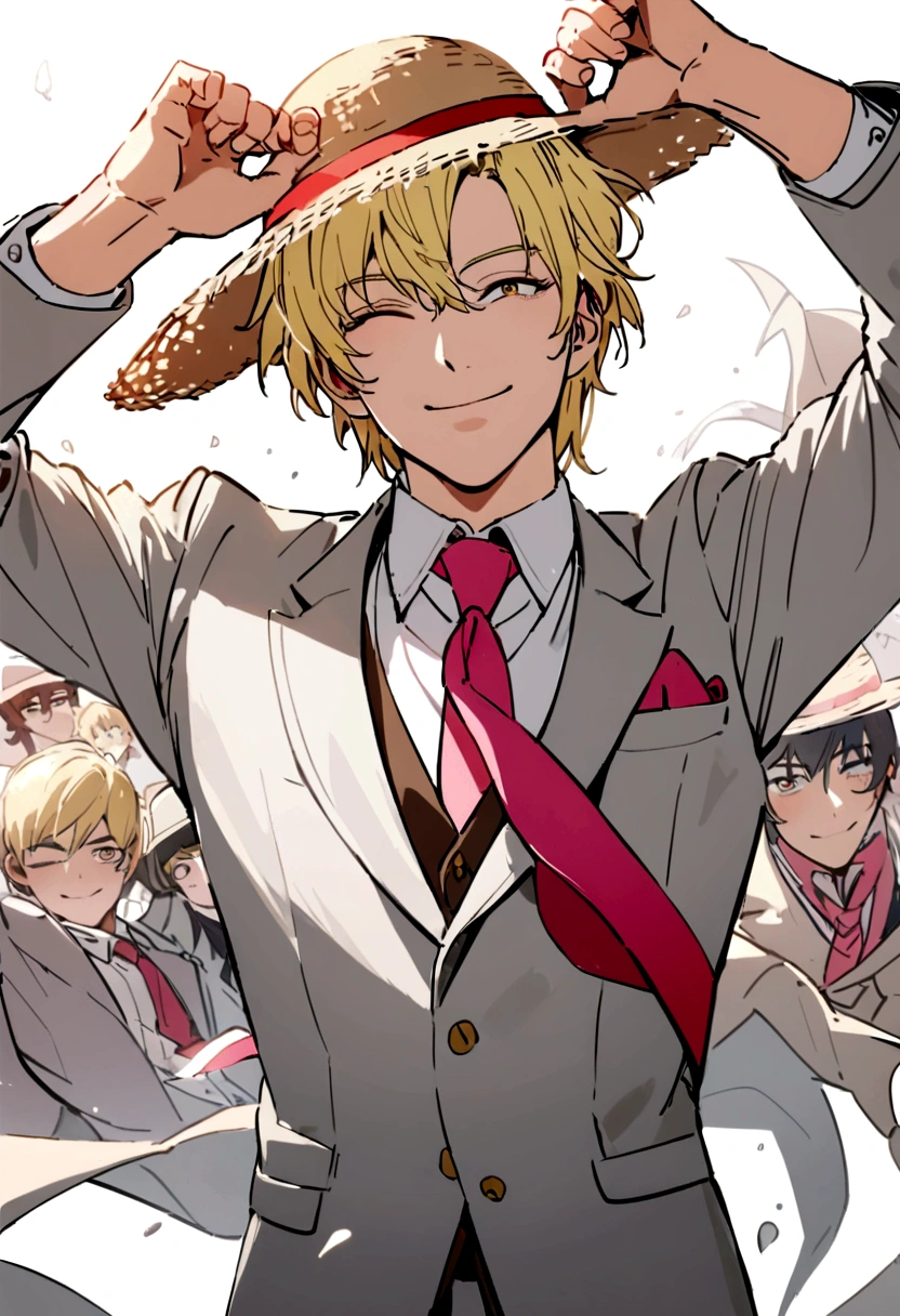 I want you to make a man in a gray suit and pink tie with a white shirt short straight yellow hair with a straw hat on his head and a red band in the middle of the hat smiling with one eye closed