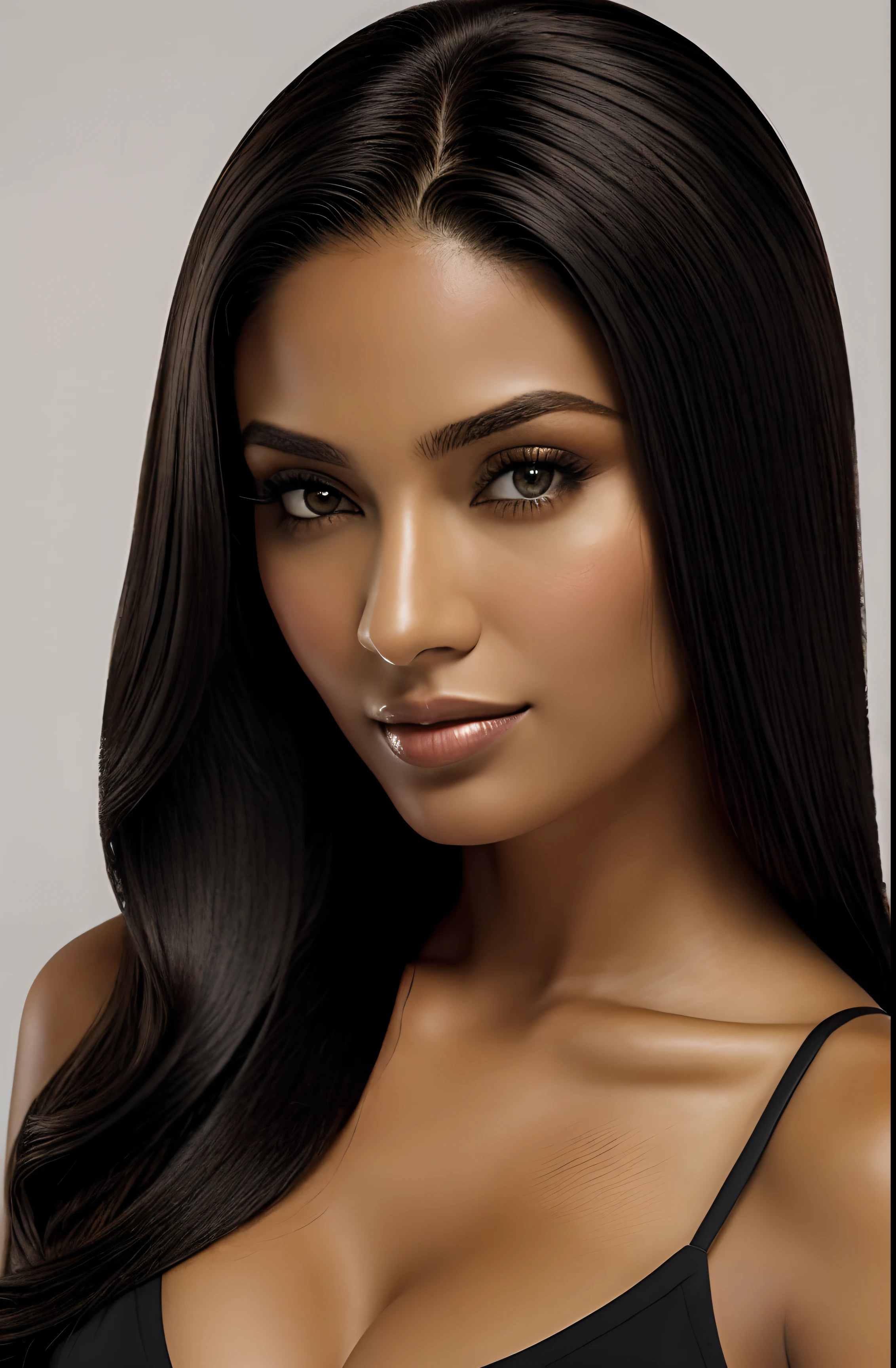 1 adult woman, longye hair, slickedback hair, black hair color, smooth skin, black eyes, sorrido, nariz chato vegetation, Occasional, chess set , realisitic