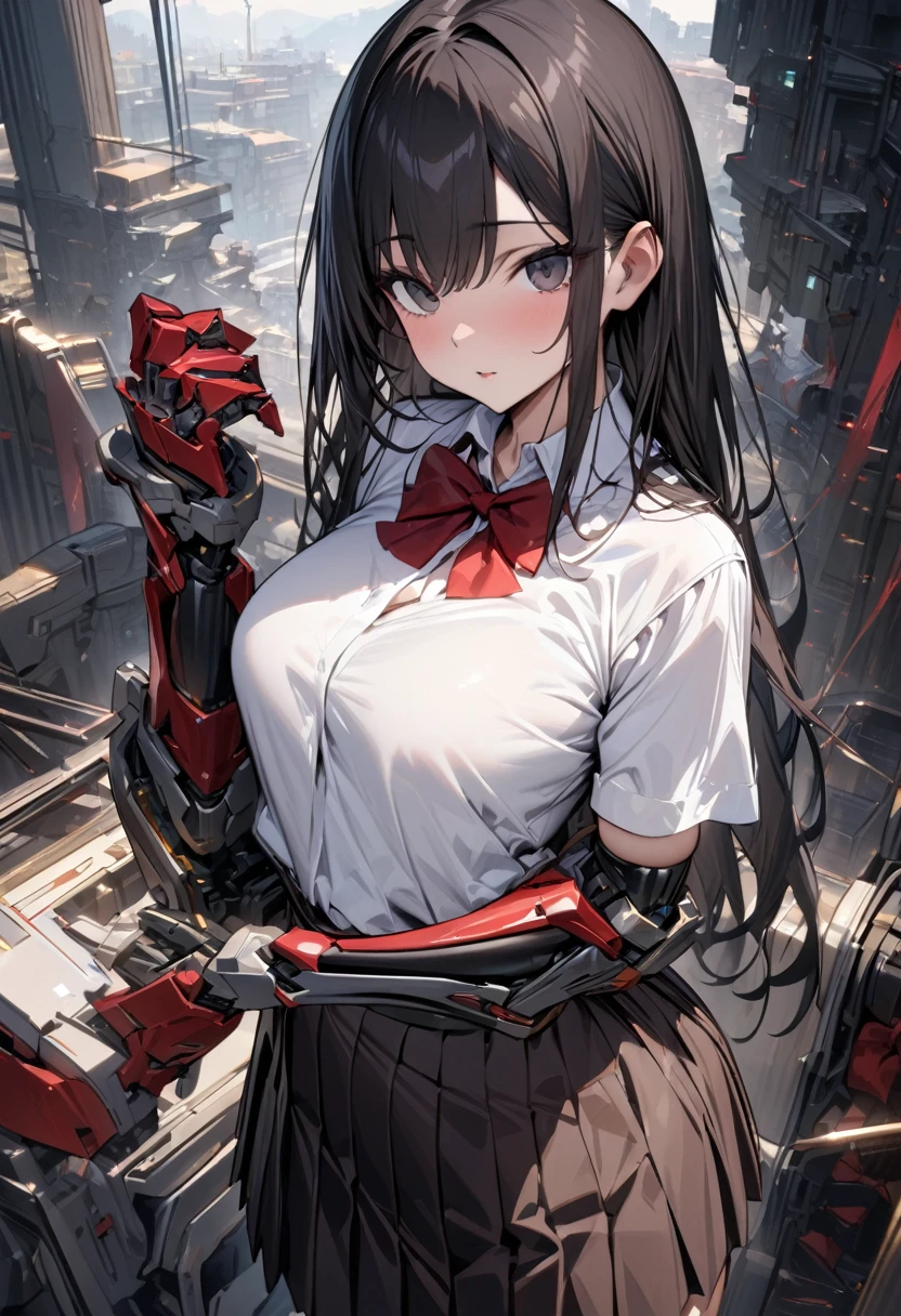 (masterpiece:1.2),(best quality:1.2),(masterpiece, best quality, ultra-high resolution), Black straight hair, dark eyes, Smooth fair skin with shiny detailed mechanical hands. Japanese with pleated skirt and white blouse, red bow at the neck, Robotic arms integrated with advanced technology but aesthetically unobtrusive.