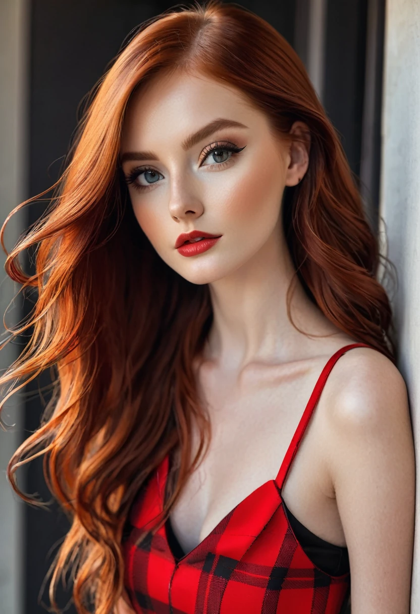 BEAUTIFUL GIRL OF MODEL APPEARANCE,with long red hair ,WITH RED AND BLACK CHECKED SKIRT,in short skirt,above knee skirt,Skin details,luminescent ,8k