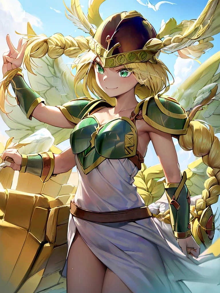 masterpiece,best quality, 1girl, 18yo, beautiful girl,BREAK,(Armor:1.8),(Helmet with wings:1.7),(Beautiful blonde,braid,Green Eyes:1.5),BREAK,(smirk, determined:1.3),BREAK, (blue sky:1.4),(She flies in the sky:1.5),(She descends from the sky:1.3),