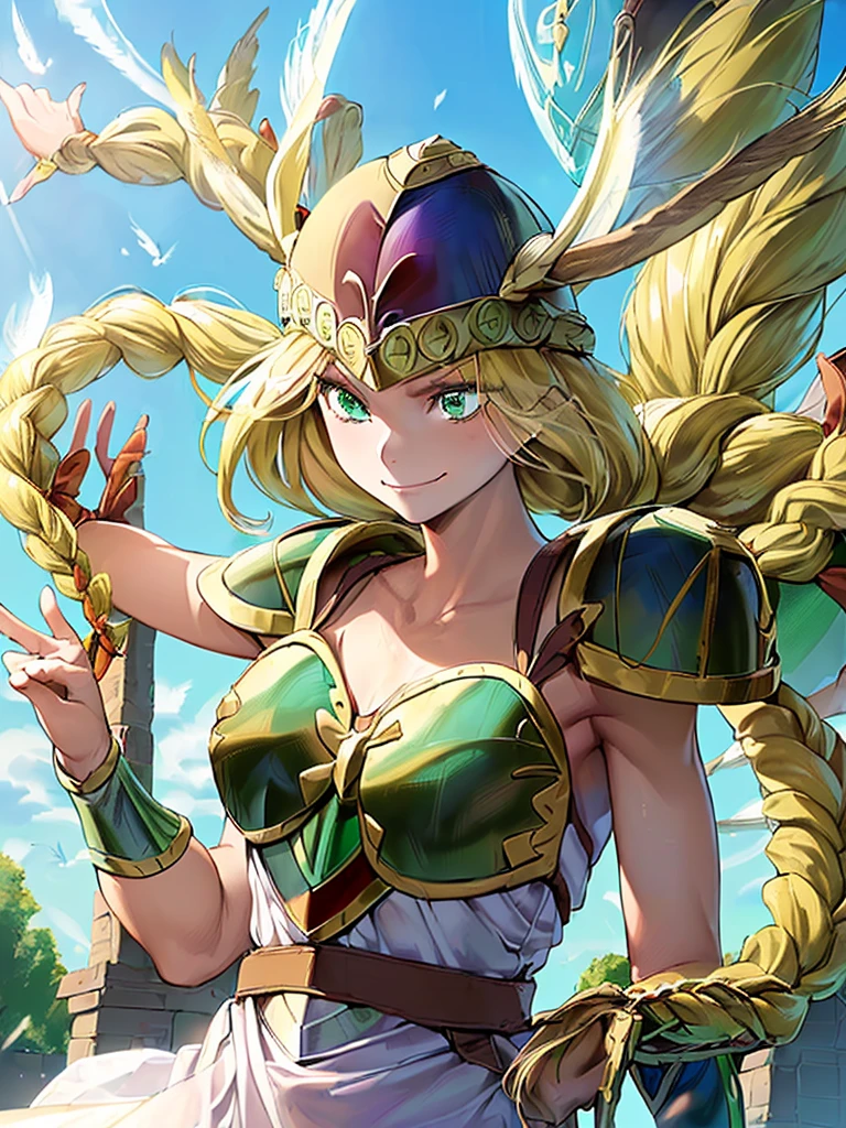 masterpiece,best quality, 1girl, 18yo, beautiful girl,BREAK,(Armor:1.8),(Helmet with wings:1.7),(Beautiful blonde,braid,Green Eyes:1.5),BREAK,(smirk, determined:1.3),BREAK, (blue sky:1.4),(She flies in the sky:1.5),(She descends from the sky:1.3),