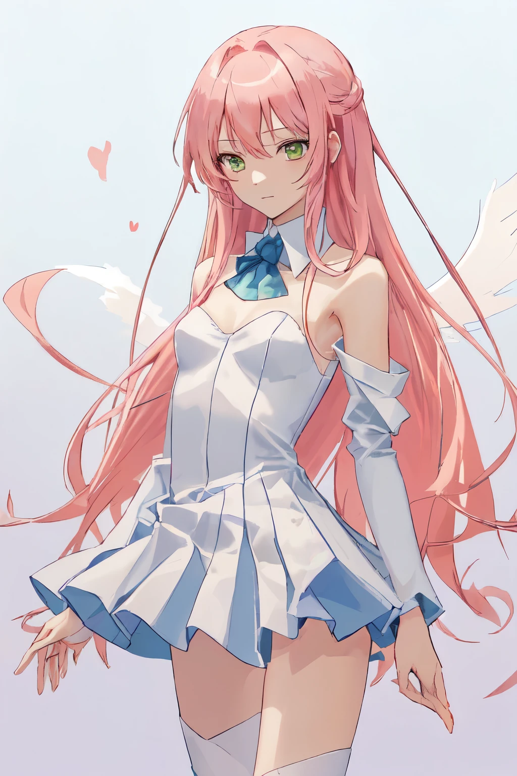1_girl, (anime, kawai:2), (masterpeice, best_quality, clean:1.5), (sky_background:1.2), (cute, cute_smile, young:1.5), (delicate, extremely_delicate, beautiful, thin:1.5), (girlfriend, angel:1.8), (green_eyes, simple_eyes:1.8) (long_hair, blond_hair, wearing_pink_dress, pink_angel_wings, sexy_gloves:1.5), extremely_delicate, (love_magic:1.5), (age_size_fits_body), (small_thighs:1.3), (breasts), (eye_level:1.3), (heart_magic, love:1.5), (folded_legs:1.5), (combat:1.2)
