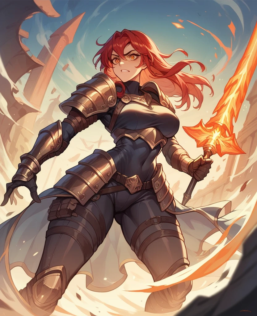 Female,red hair,orange eyes,curvy,damged battle armour,dark magic on a battlefield with darkness in her eyes as she approached her enemies