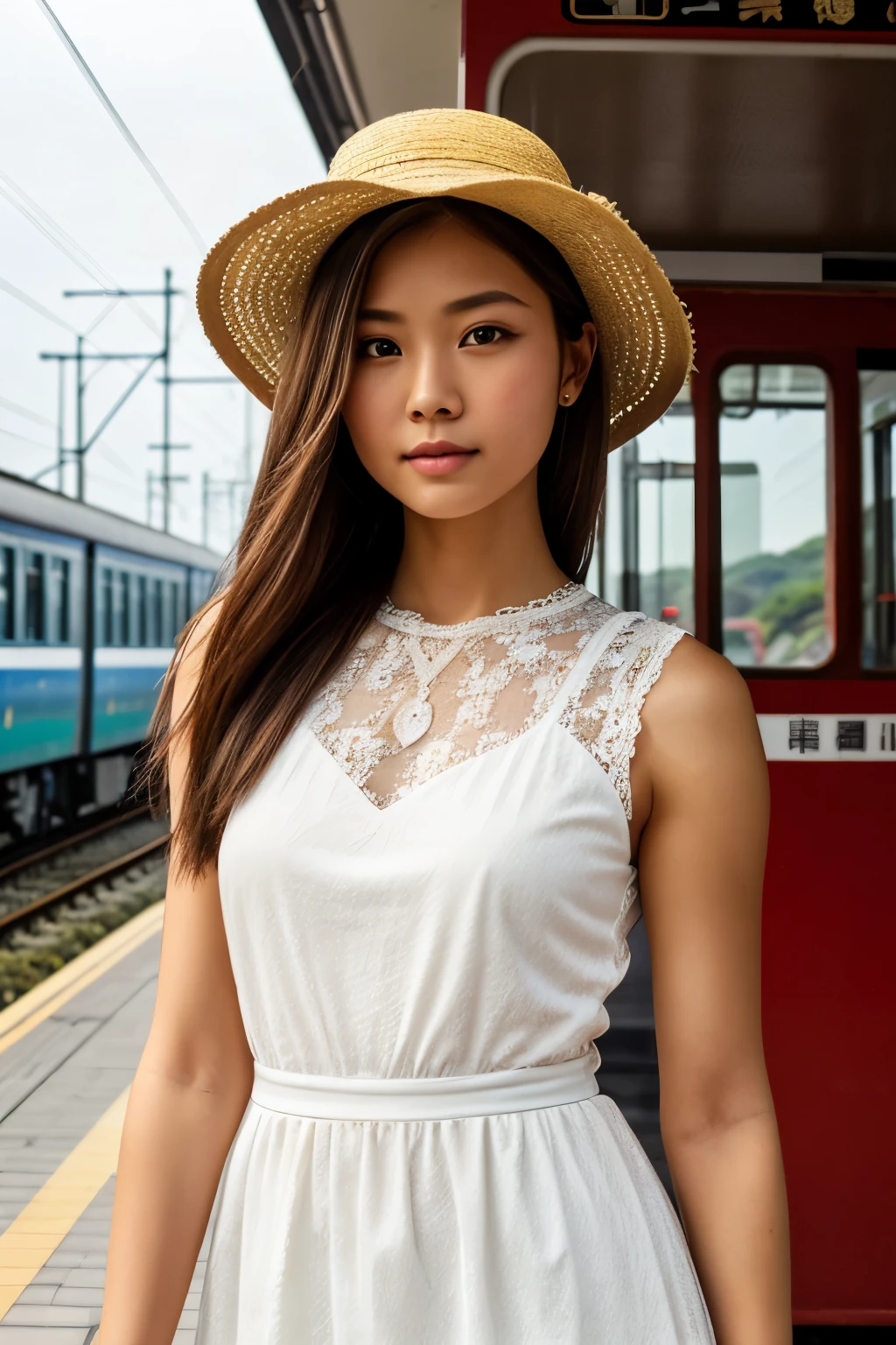 Highest image quality, Outstanding details, Ultra-high resolution, (realism: 1.4), Best example, Favor the details, Highly concentrated girl, fair and smooth skin.Beautiful and delicate face,Ukrainian beauties with golden facial features.Wearing a white high-waisted dress, Wearing a lace straw hat,Standing in front of the bus stop, the background is the sea and sky at Duoliang Railway Station on the east coast of Taiwan..