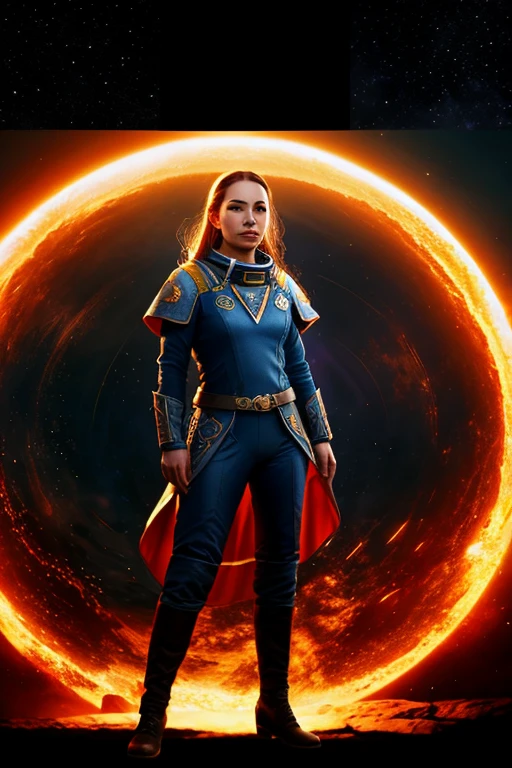 Serious woman in space outfit uniform ,passing stone, ultra detailed fantasy, the ring of fire, realisitic, dnd, RPG, Lotr game design fanart by concept art, behance hd, art station, deviantart, Global Illumination Radiating a Bright Aura Global Illumination Ray Tracing HDR Rendering in Unreal Engine 5