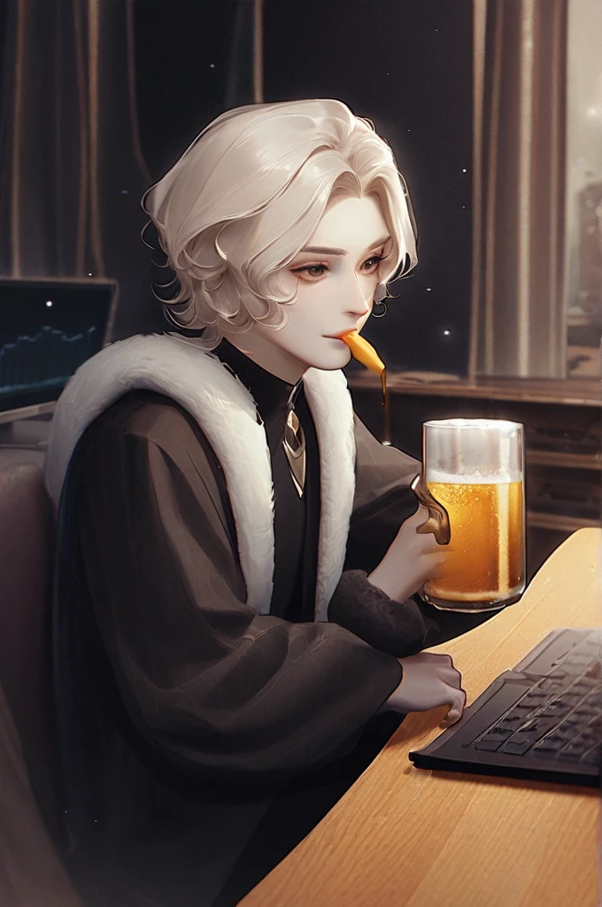 ((Лучшее качество)), ((шедевр)), (подробный), a man drinks beer and enjoys the computer