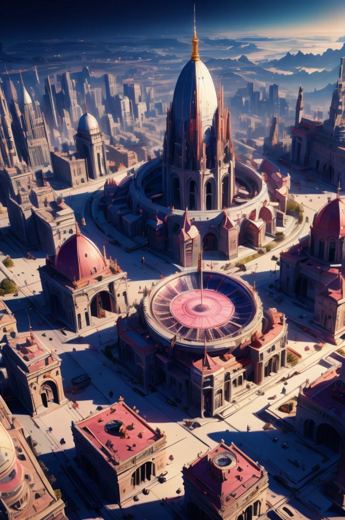 Big city, feudalism, view from above, small coliseum, red details
