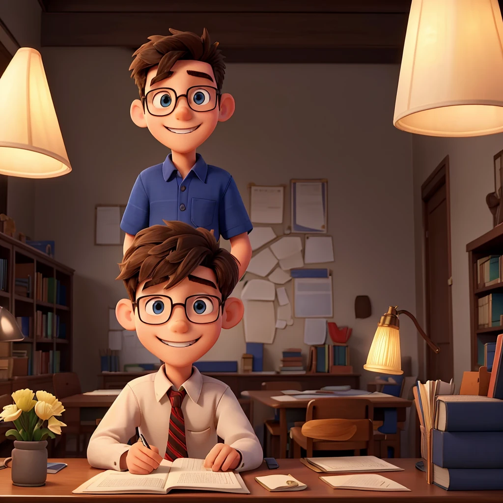 a student boy, He is a student. it is in the library of choice, It's night and the light comes from a lamp on the table, he finds a sheet of paper on the table and reads it. He looks happy, but with a malevolent air.
