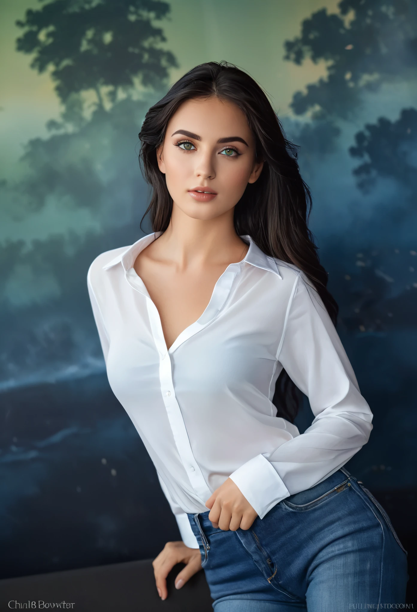 Elegant women RAW photos, 26 years old, Europe, Bright green eyes, Black hair Blurred background, full body plane, Blue Jeans, White shirt, looking at the camera, Cinematic, The finer details, Realistic, Ultra-realistic photos, 8K Ultra HD, Digital SLR, Soft lighting, high quality, Film Grain, Fujifilm XT3, (masterpiece), a beautiful girl in the foreground, (She is half French, and is a stunning beauty with detailed eyes and a high nose:1.1), thick eyebrows, detailed facial features, long graceful neck, flowing locks of hair, poised and elegant posture, dreamy atmosphere, Surrealism, mystical aura, Charlie Bowater,