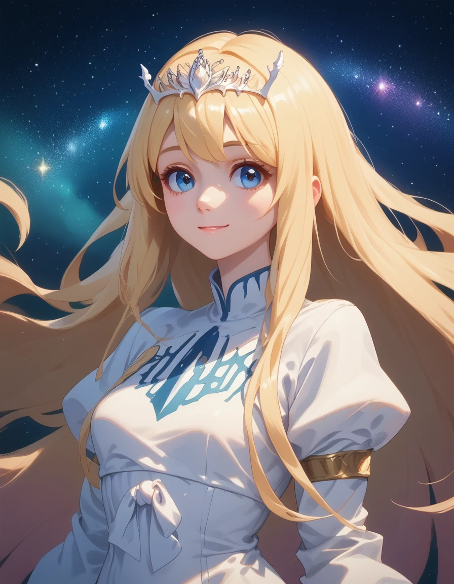 score_9, score_8_up, score_7_up, score_6_up, score_5_up, score_4_up, rating_safe, , upper body, lslight smile, dark sky,starry night, ,1girl,solo, calca, blonde hair, ,( extremely long hair:1.3), very long hair, extra long hair, white tiara, white dress, blue eyes,Calca Bessarez, medium breast,Calca