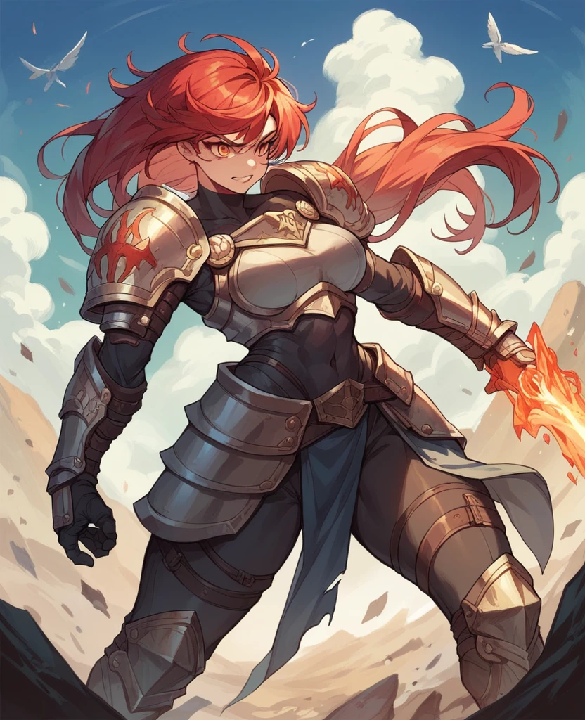 Female,red hair,orange eyes,curvy,damged battle armour,dark magic on a battlefield with darkness in her eyes as she approached her enemies
