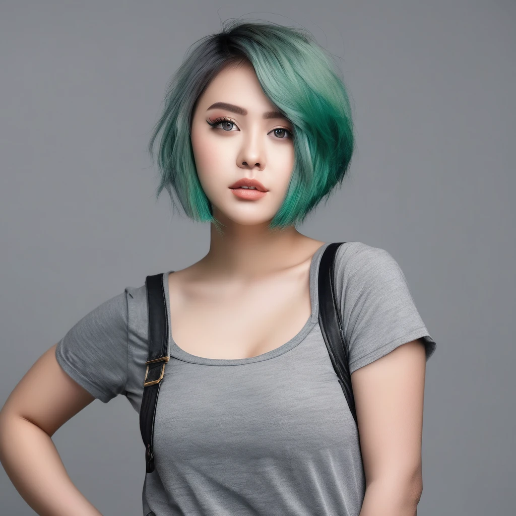 21yo girl, green hair, (bob Hair). Wearing gray t shirt, denim short pants. natural big breast, show big thigh, plump body. Standing pose. Gray background