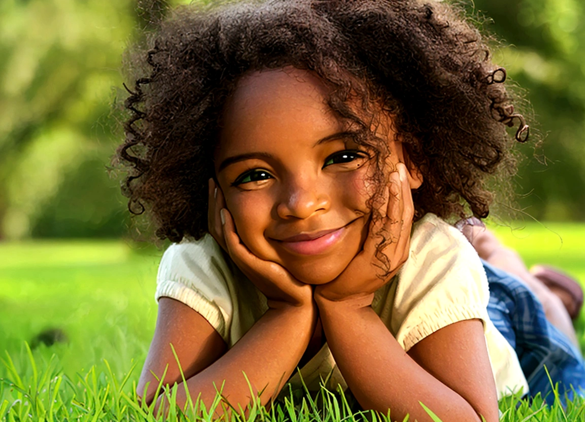 there is a Jovem girl laying on the grass with her hands on her chin, garota afro-americana, light skinned african Jovem girl, garota sorridente, garoto feliz, garota feliz, linda garotinha, bonitinho , precioso, bonitinho girl, rosto bonito!!!!, garota linda, rosto bonito!, bonitinho Jovem girl, beleza natural, Retrato médio, Jovem , beautiful bonitinho