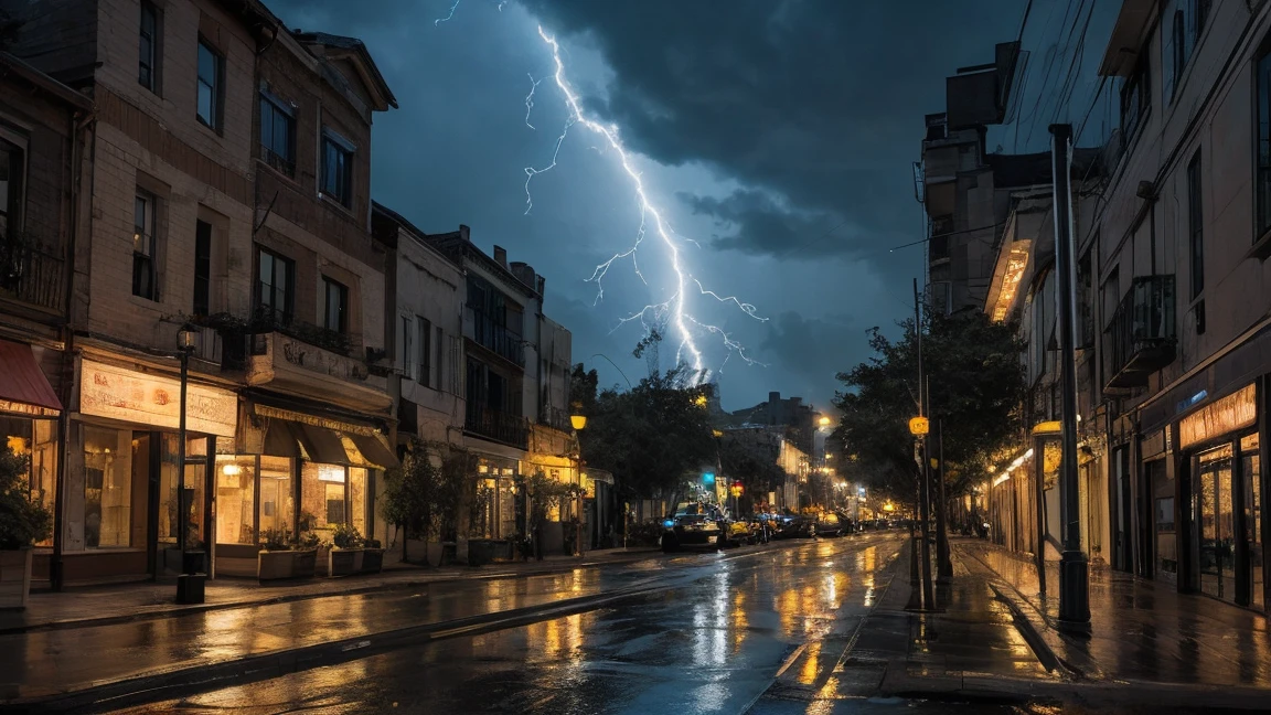 The nighttime streetlights illuminate the raindrops, creating a sparkling scene.
A fantastic view created by the rain falling on a quiet nighttime street and its reflected light.
A flash of lightning in the distance illuminates the sky and the earth in a brief moment.