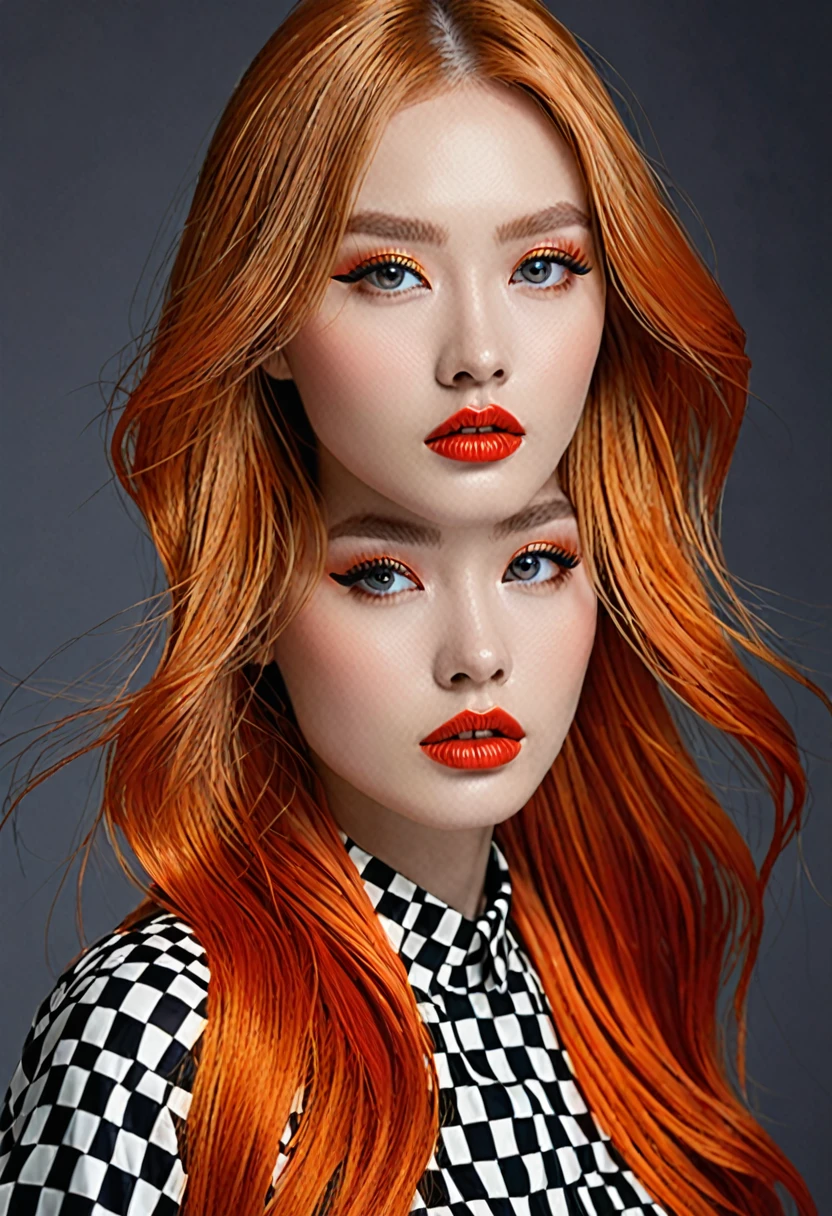 a beautiful model-like girl with long orange hair, wearing a short red and black checkered skirt, extremely detailed skin, luminescent, (best quality,4k,8k,highres,masterpiece:1.2),ultra-detailed,(realistic,photorealistic,photo-realistic:1.37),extremely detailed eyes and face,longeyelashes,beautiful detailed eyes,beautiful detailed lips,dramatic lighting,dramatic pose,high fashion,intricate details,vivid colors