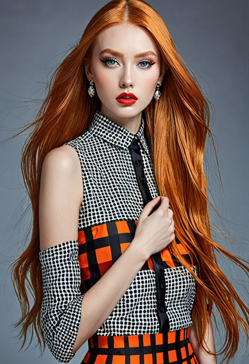 a beautiful model-like girl with long orange hair, wearing a short red and black checkered skirt, extremely detailed skin, luminescent, (best quality,4k,8k,highres,masterpiece:1.2),ultra-detailed,(realistic,photorealistic,photo-realistic:1.37),extremely detailed eyes and face,longeyelashes,beautiful detailed eyes,beautiful detailed lips,dramatic lighting,dramatic pose,high fashion,intricate details,vivid colors